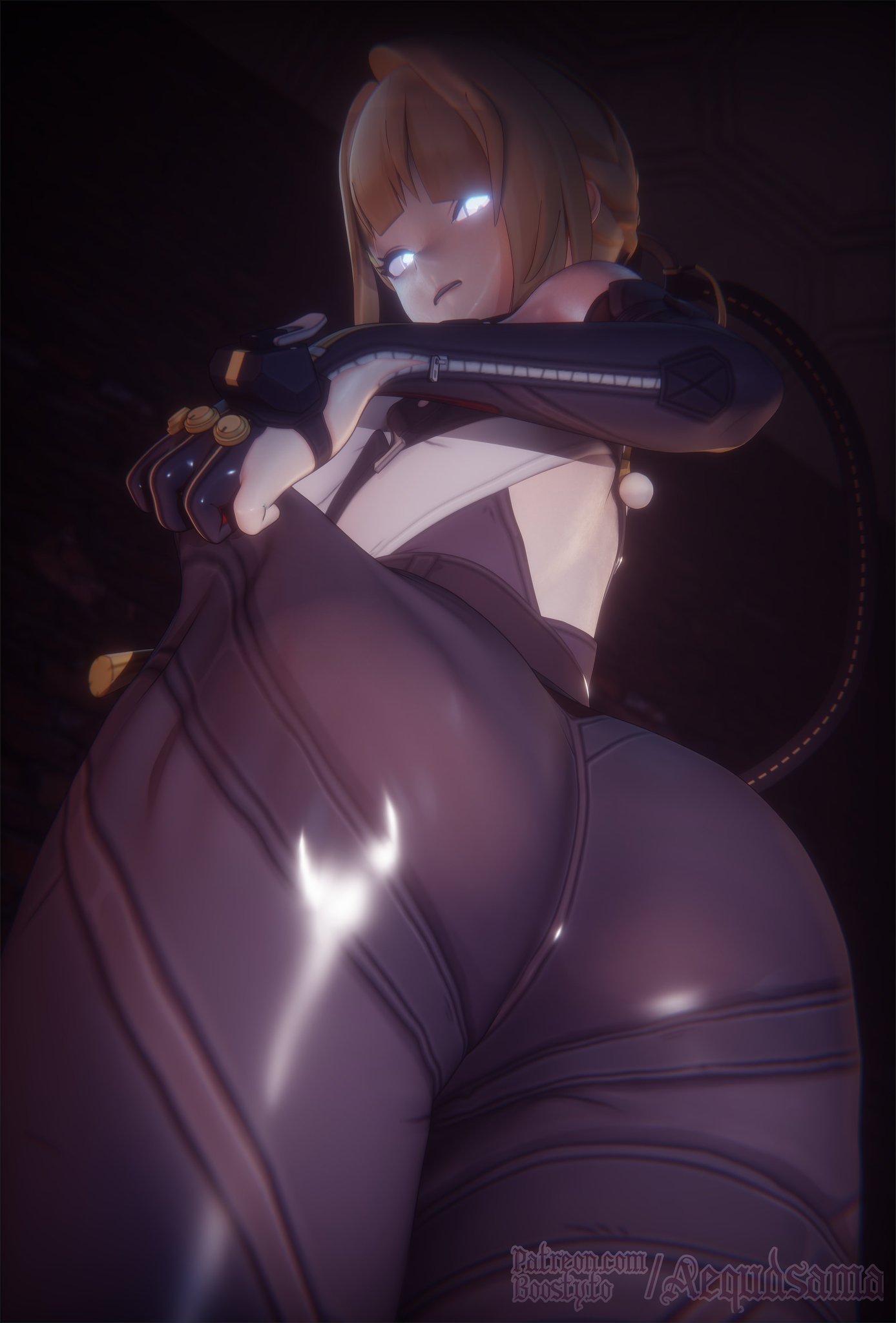 3d, 3d (artwork), aequd, aequdsama, ass, ass focus, blonde female, blonde hair, blue eyes, clothed, clothed female, clothing, commission, evelyn chevalier, female, pulling clothing, stretched clothing, suggestive, wilhelmina stretch (meme), zenless zone zero