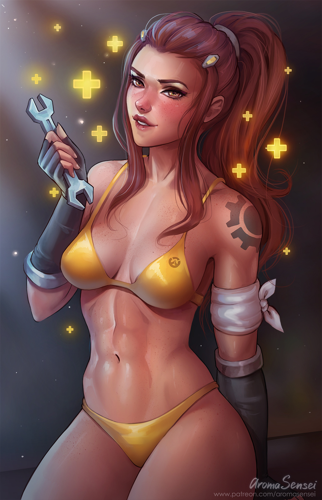 2d, abs, aroma sensei, bra, breasts, brigitte, brigitte lindholm, cleavage, female, female only, looking at viewer, overwatch, overwatch 2, panties, solo, tattoo