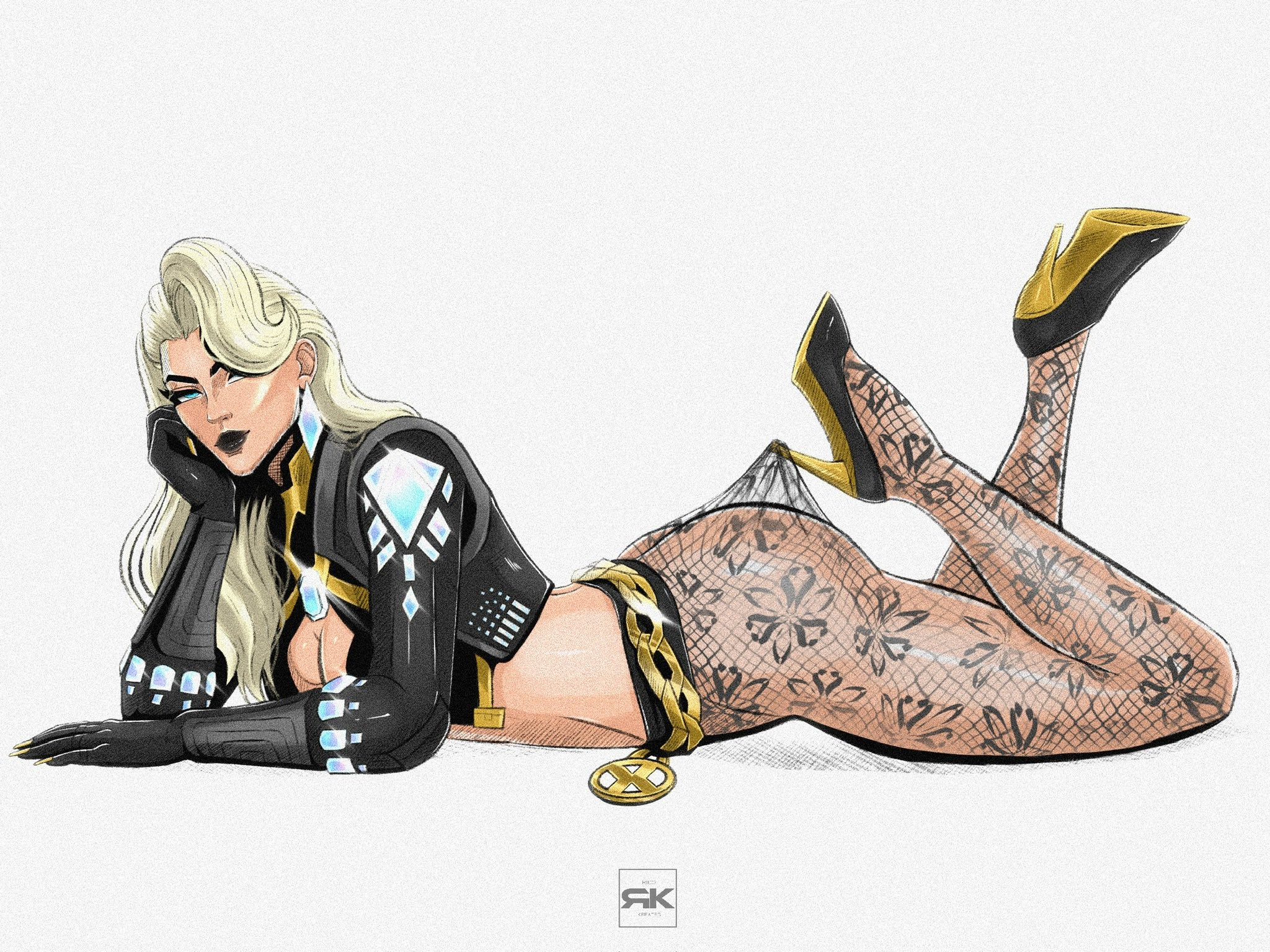 1girls, blonde female, blonde hair, blue eyes, boob window, cleavage, clothed, clothing, crop top, diamond, emma frost, emma frost (x-revolution), female, female focus, female only, fishnet pantyhose, fishnets, half-closed eyes, high heels, jewelry, lace pantyhose hooked on heel (meme), lying, lying on stomach, makeup, marvel, marvel comics, marvel rivals, midriff, pantyhose, pinup, rkreates, white queen, x-men