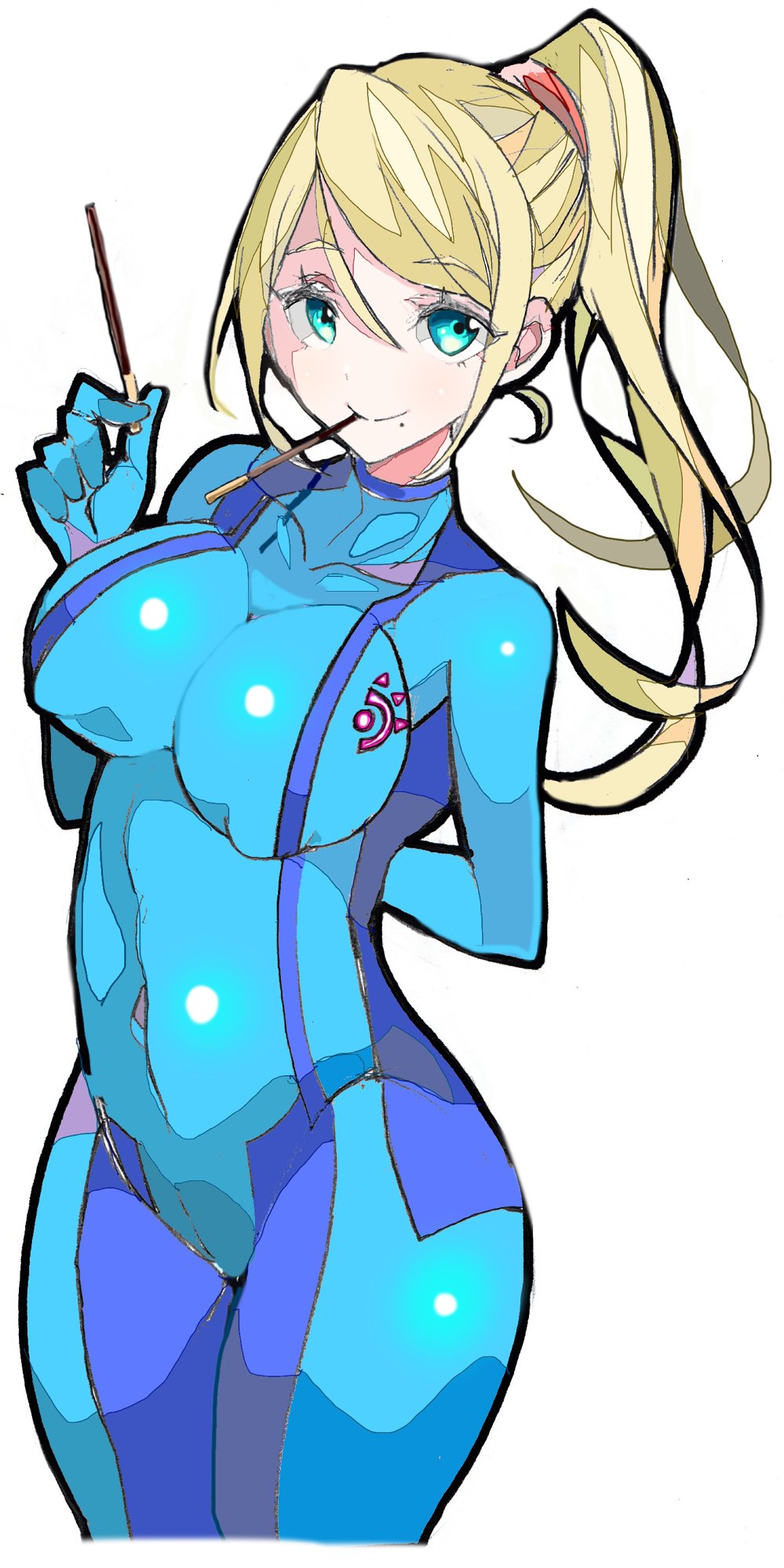 1girls beauty_mark big_breasts blonde_hair blue_eyes bodysuit breasts clothing curvaceous curvy enpe female female_focus female_only hand_on_head metroid samus_aran solo solo_female tagme tight_clothing white_background wide_hips zero_suit_samus