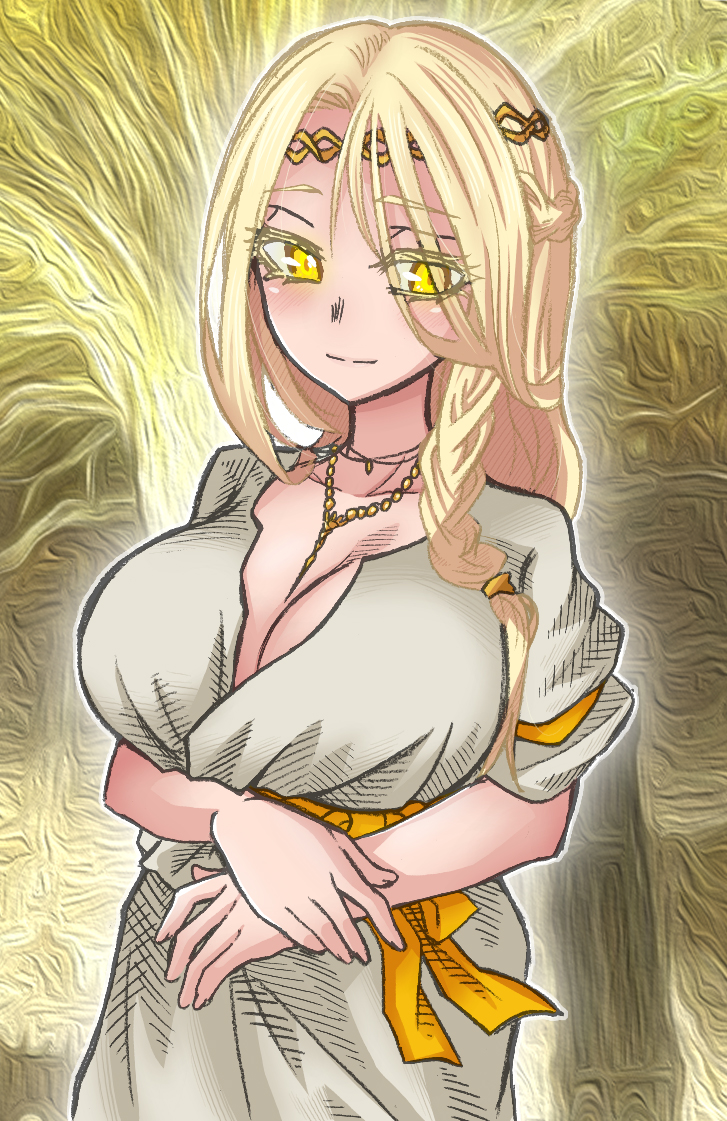 1girls, beautiful background, big breasts, blonde hair, braided hair, breasts, crown, dress shirt, elden ring, female, fromsoftware, genderswap, genderswap (mtf), light skin, light-skinned female, long hair, miquella, necklace, nipples, rule 63, smiling, solo female, white dress, yellow eyes
