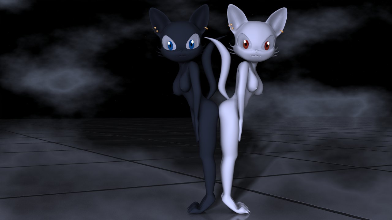 2girls 3d anthro ass black_fur blue_eyes breasts destiny_blackmoon feline furry kitten looking_at_viewer nude piercing red_eyes standing white_fur