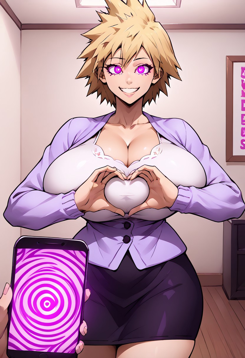 1girls ai_generated awesomeness98778 big_breasts blonde_female blonde_hair civitai cleavage clothed clothing female female_focus heart-shaped_pupils heart_hands huge_breasts hypnosis hypnosis_app living_room looking_at_viewer love male_pov massive_breasts mind_control mitsuki_bakugou my_hero_academia pixai pov self_upload skirt smile smiling tagme