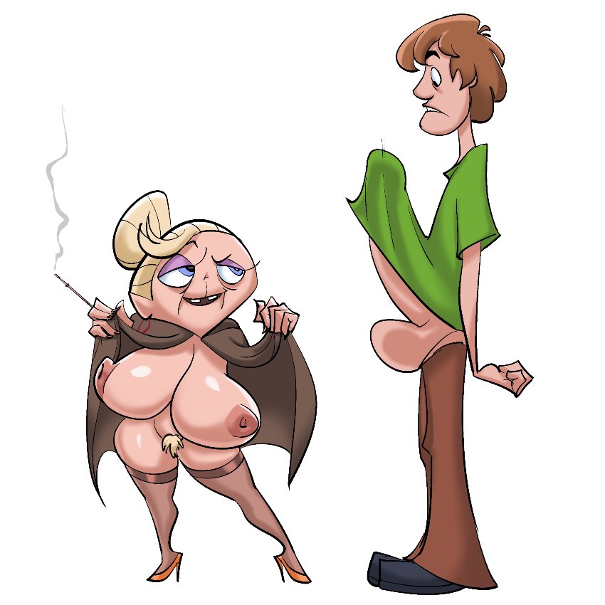 1boy 1girls balls big_penis blue_eyes breasts clothing duo erection female gilf granny hag height_difference high_heels john_coffe legwear looking_at_another looking_down looking_up male mostly_nude nipples original original_character penis pubic_hair pussy scooby-doo shaggy_rogers shortstack smaller_female straight taller_male white_background