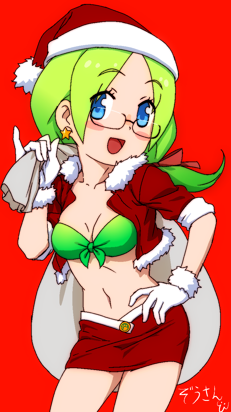 1girls :d bikini bikini_top_only blue_eyes blush blush_stickers breasts christmas christmas_outfit cleavage clothing cowboy_shot earrings female female female_only front-tie_top fur_trim gloves green_bikini green_hair hair_ribbon hand_on_hip hat headwear jacket jewelry long_hair looking_at_viewer masuyama_ryou medium_breasts megane midriff miniskirt mirai_(kemono_friends) navel open_clothes open_mouth pinky_out red_background red_gloves red_skirt ribbon sack santa_bikini santa_costume santa_hat semi-rimless_eyewear simple_background skirt sleeves_rolled_up smile solo star_(symbol) swimsuit tied_hair twintails white_gloves