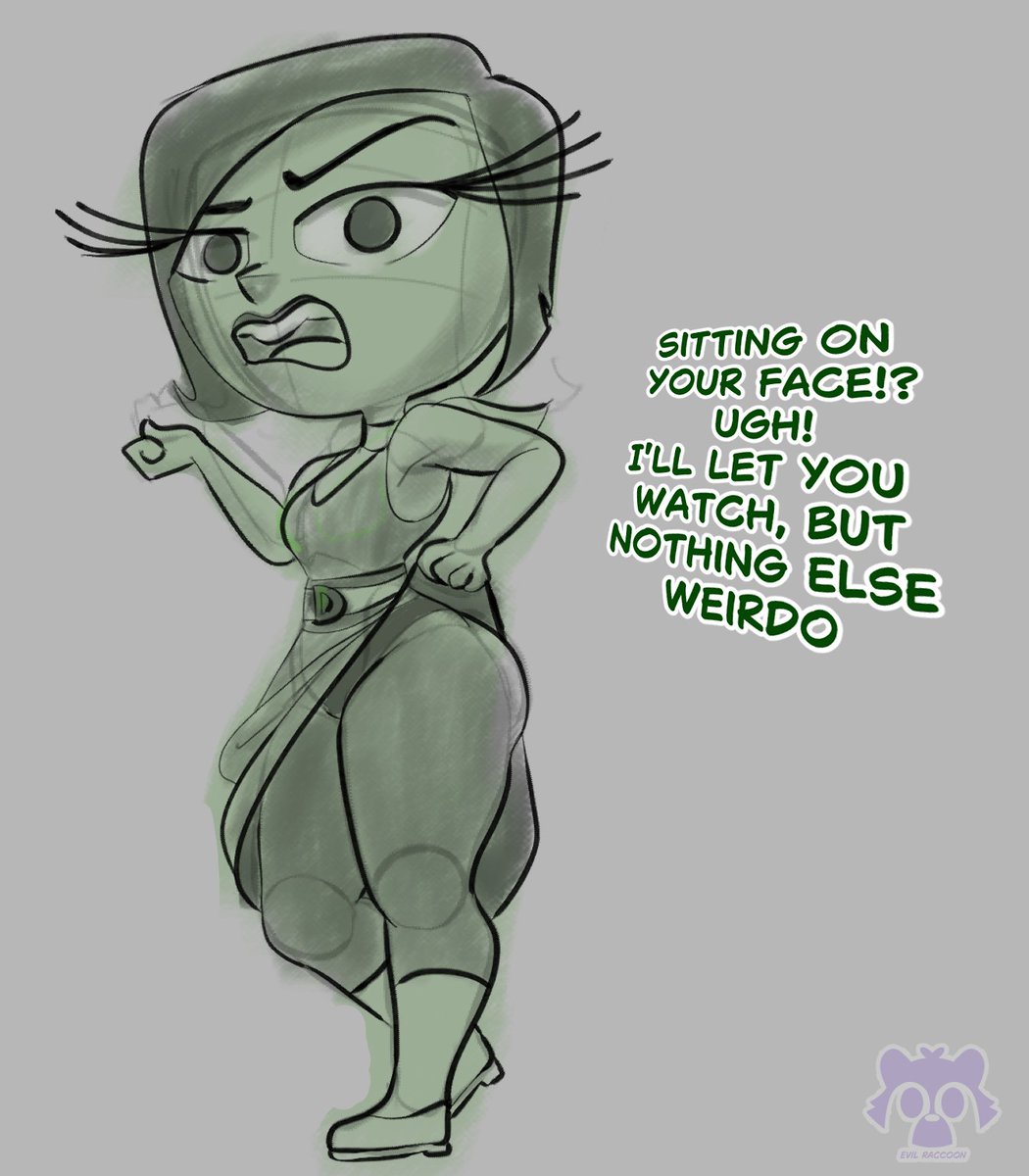ass, dialogue, disgust (inside out), evil raccoon, green hair, inside out, short hair, showing off, sketch, skirt, skirt lift, thick, thick ass, thick thighs, thighs