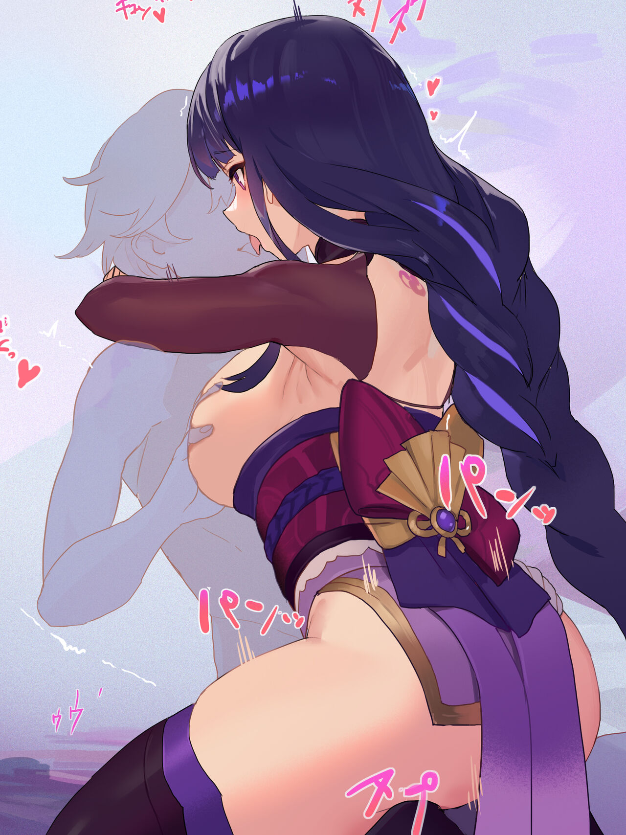 1boy, 1girls, aether (genshin impact), aroused, big breasts, breasts, chi-rol, clothed sex, cowgirl position, female, female on top, fit, fit female, genshin impact, happy sex, hug, human, kissing, kissing while penetrated, large breasts, light skin, light-skinned female, looking pleasured, male, mature female, passionate, penis, pleasure face, pussy, raiden shogun, riding penis, sex, slim waist, straddling, straight, tagme, thick thighs, thigh boots, thighhighs, vaginal penetration, variant, wide hips
