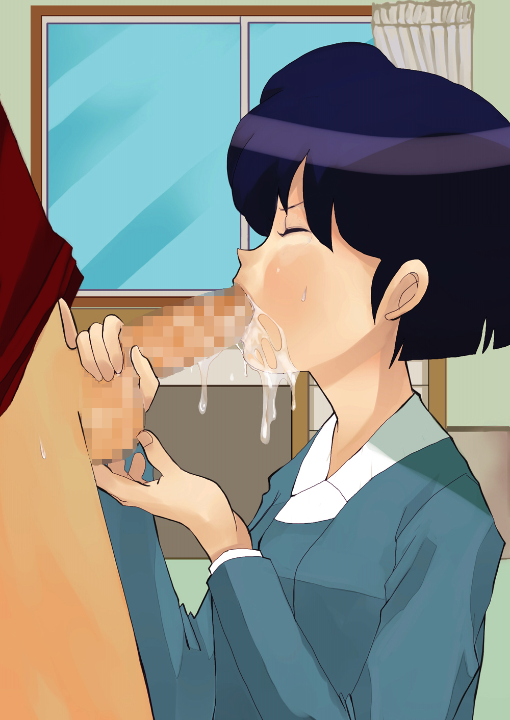 akane_tendo blue_hair censored closed_eyes cum fellatio female hair highres human male oral ranma-kun ranma_1/2 ranma_saotome school_uniform shigure_(artist) short_hair straight window