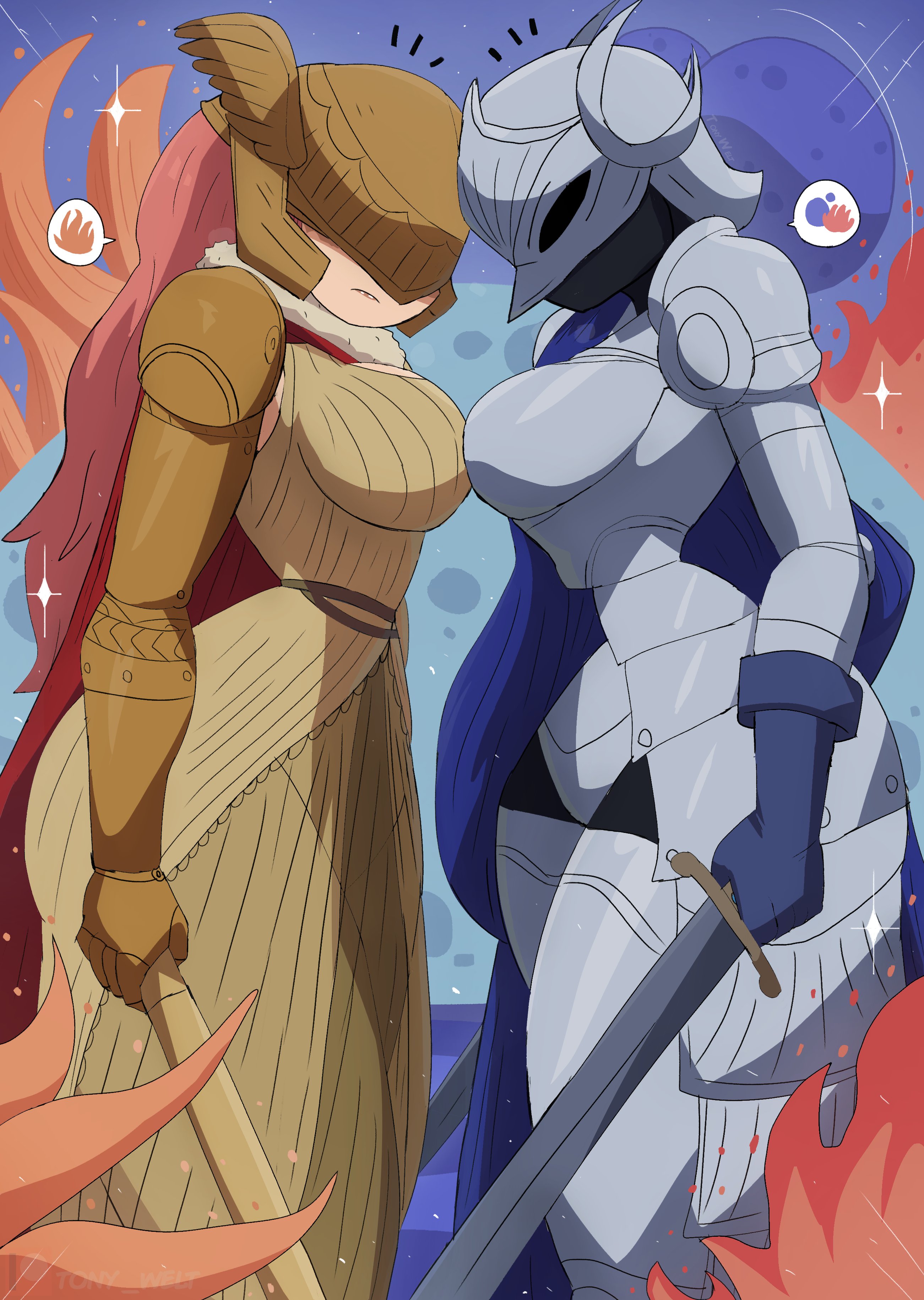 2girls, armor, big breasts, breast to breast, breasts, breasts to breasts, breasts touching, elden ring, female, female only, fromsoftware, imminent sex, malenia blade of miquella, milf, rellana twin moon knight, shadow of the erdtree, tony welt, yuri