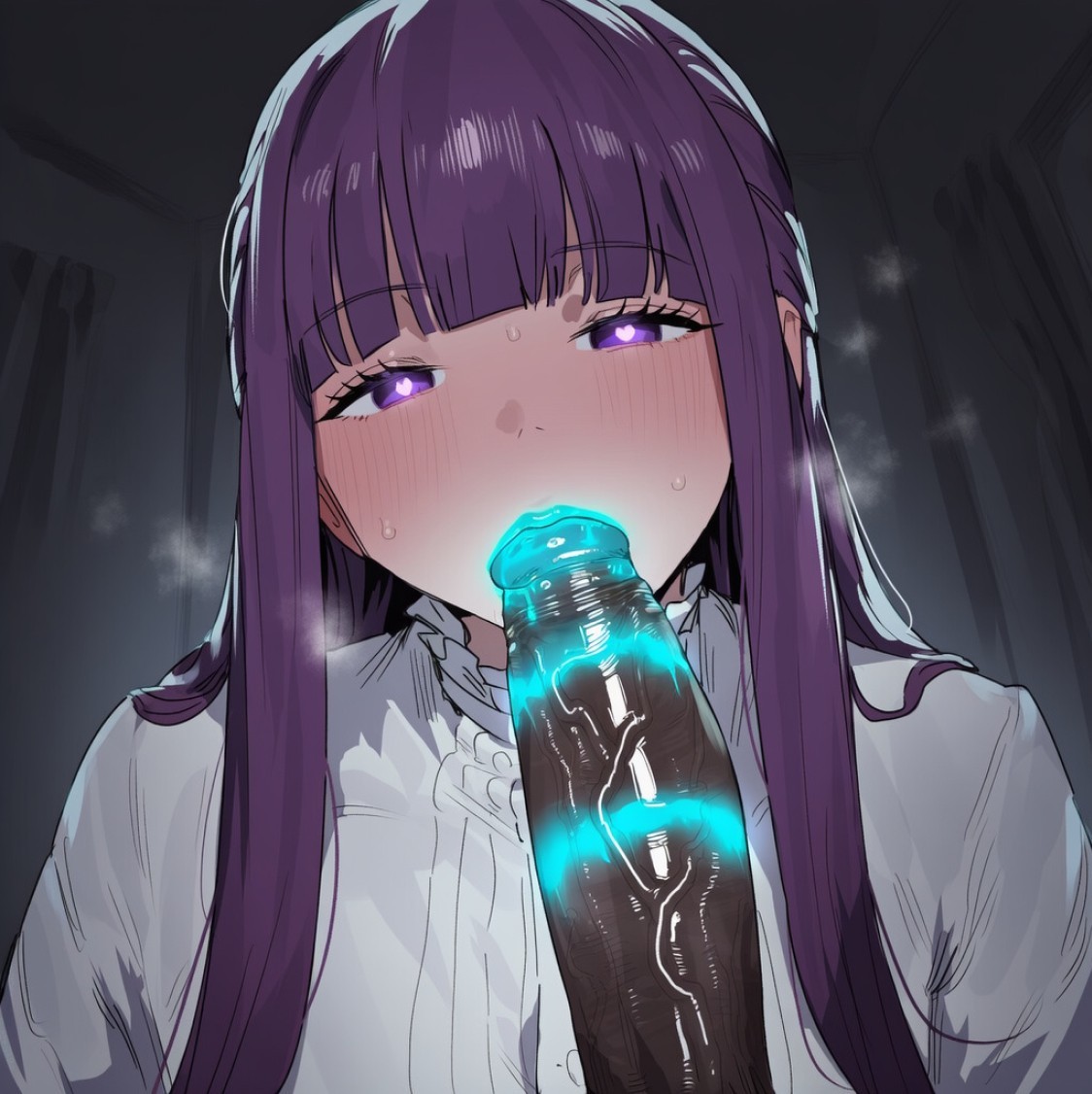 ai generated, big breasts, big penis, blush, breasts, dark room, dark-skinned male, dress, fellatio, fern (sousou no frieren), frieren beyond journey's end, half-closed eyes, heart-shaped pupils, indoors, interracial, kissing penis, large penis, lipstick, lipstick mark, lipstick on penis, lipstick ring, long hair, night, penis, pluqqi, purple hair, room, sousou no frieren, steam, sweat, veiny penis