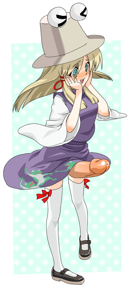 blonde_hair blue_eyes blush castella female futanari hat intersex open_mouth suwako_moriya tagme touhou