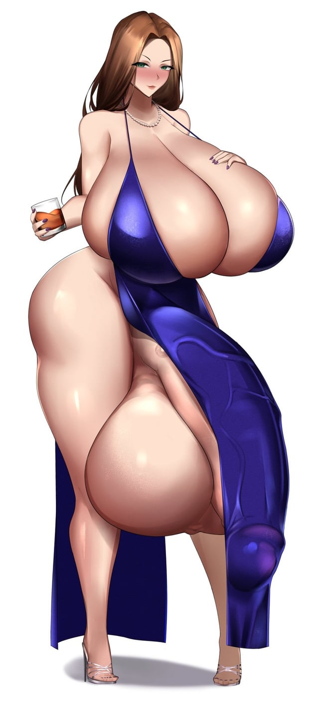 1futa 2d_(artwork) alcohol artist_request cleavage dress drunk futanari huge_breasts hyper_balls hyper_breasts hyper_penis penis_visible_through_pants solo_futa tagme_(artist)