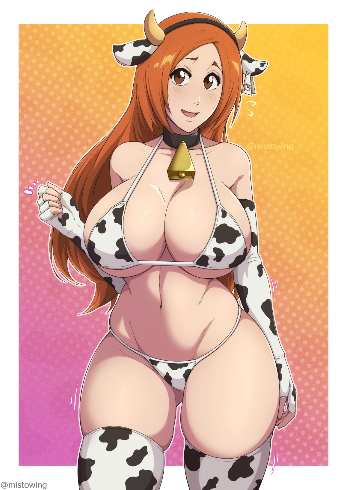 1girls, big breasts, bleach, breasts, busty, cow print, cow print bikini, curvy, female, inoue orihime, milf, mistowing, red head, solo, thick thighs, voluptuous