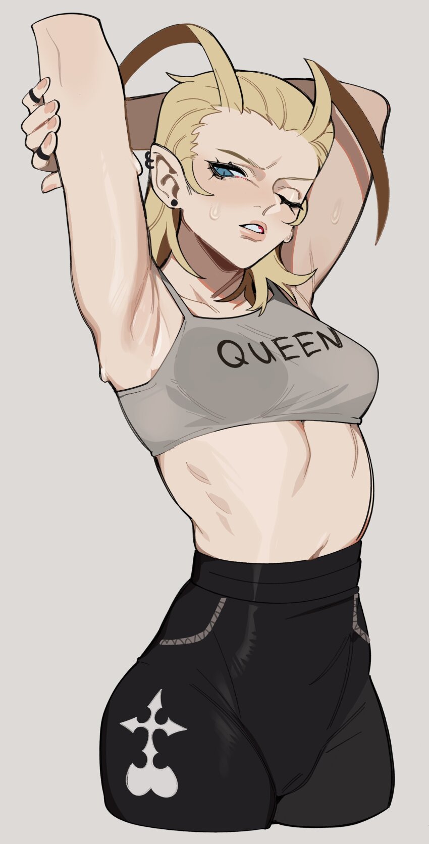 2d 2d_(artwork) 2d_artwork antenna_hair armpit_crease arms_up black_pants blue_eyes camisole cowboy_shot drawn ear_piercing earrings female grey_shirt hair_slicked_back high-waist_pants holding_own_arm jewelry kingdom_hearts larxene medium_hair midriff navel nobody_(kingdom_hearts) one_eye_closed organization_xiii pants parted_lips piercing porqueloin shirt solo square_enix stretching stud_earrings sweat sweatdrop writing