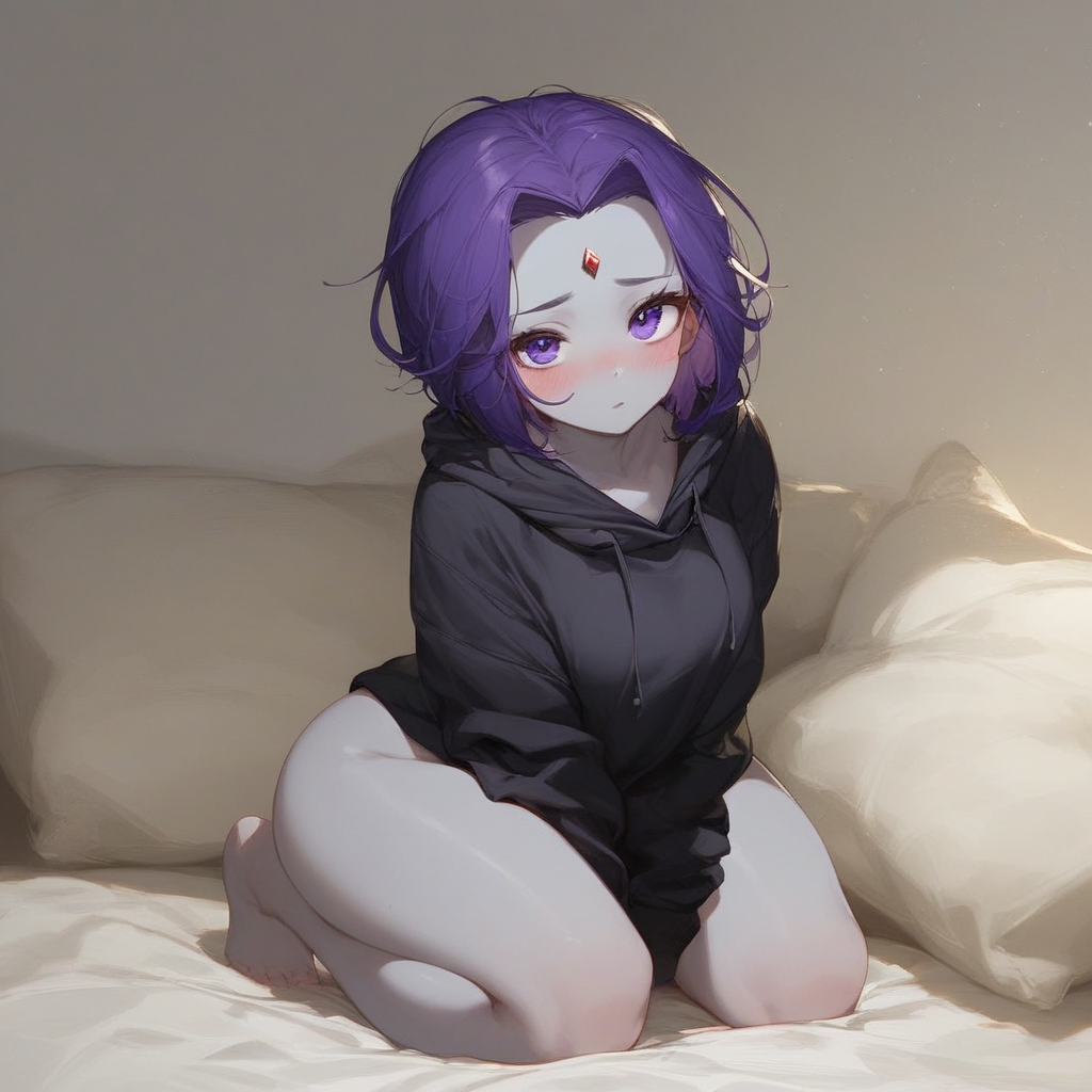 ai_generated blush cute feet forehead_jewel hips hoodie purple_hair rachel_roth raven_(dc) shy thighs