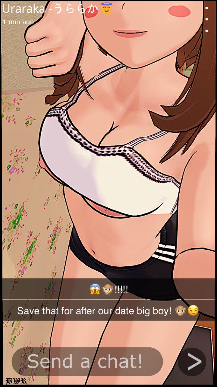 1girls, breakwater ridge, breasts, brown eyes, brown hair, brown-haired female, cute, dialogue, female, female only, my hero academia, nipples, ochako uraraka, selfie, snapchat, solo