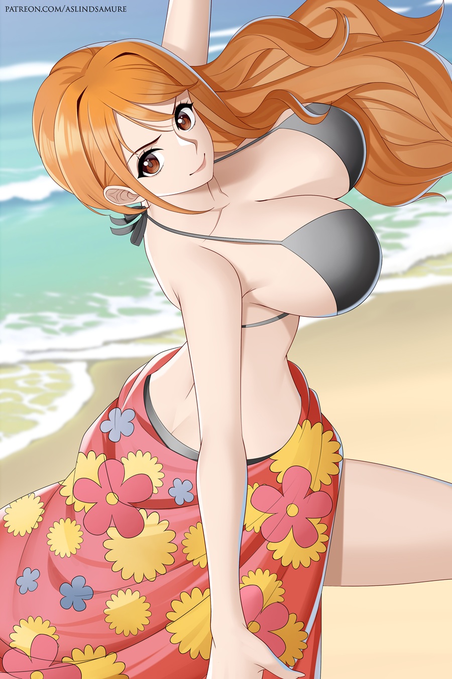 1girls, aslindsamure, breasts, female, female only, huge breasts, long hair, nami (one piece), one piece, orange hair, orange-haired female, solo