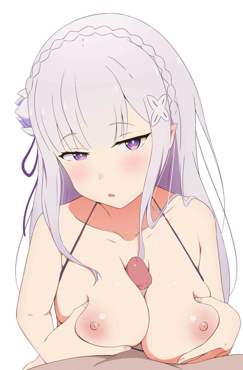 1boy bikini_top_aside blush breast_grab coro_fae elf emilia_(re:zero) female fondling_breast groping_breasts large_breasts long_hair looking_at_viewer paizuri penis pointy_ears purple_eyes re:zero_kara_hajimeru_isekai_seikatsu self_fondle white_hair