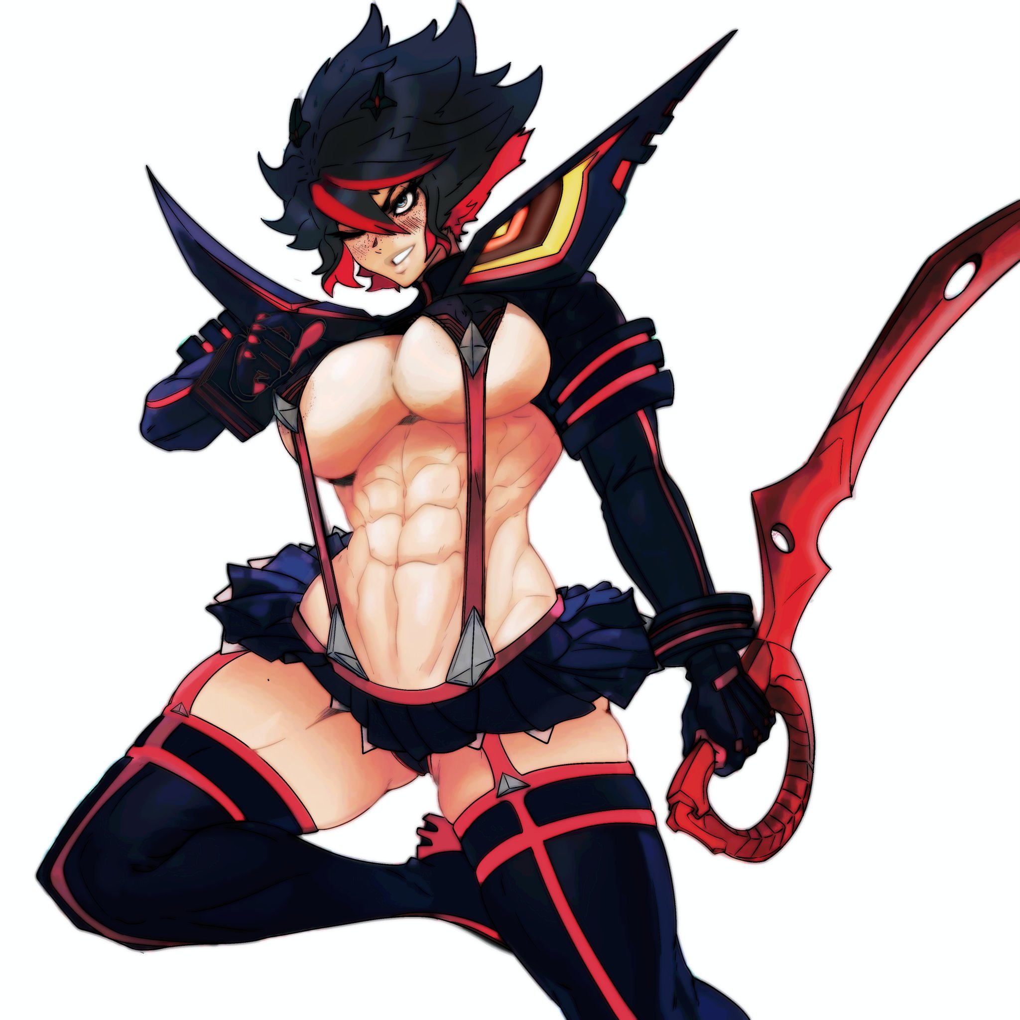 1girls, abs, bare thighs, big breasts, black hair, breasts, clothed, clothing, color, female, female focus, female only, fit, fit female, freckles, hi res, kill la kill, large breasts, light skin, light-skinned female, master dcj, matoi ryuuko, muscles, muscular, muscular female, no bra, panties, senketsu, short hair, solo, solo female, sword, tagme, thick thighs