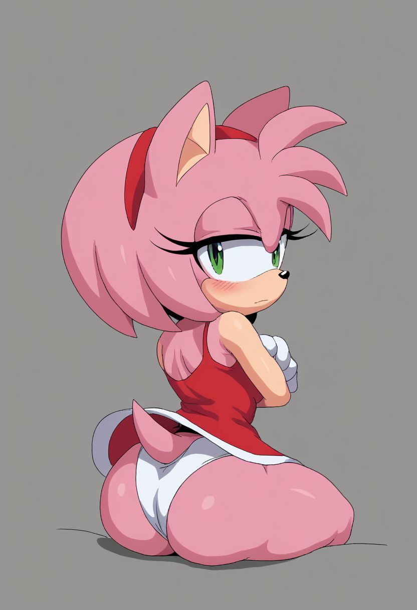 1girls, amy rose, arms crossed, ass, blush, dress, female, furry, gloves, green eyes, hairband, looking at viewer, looking back, panties, pink fur, sega, sitting, sonic (series), sonic the hedgehog (series), unknown artist