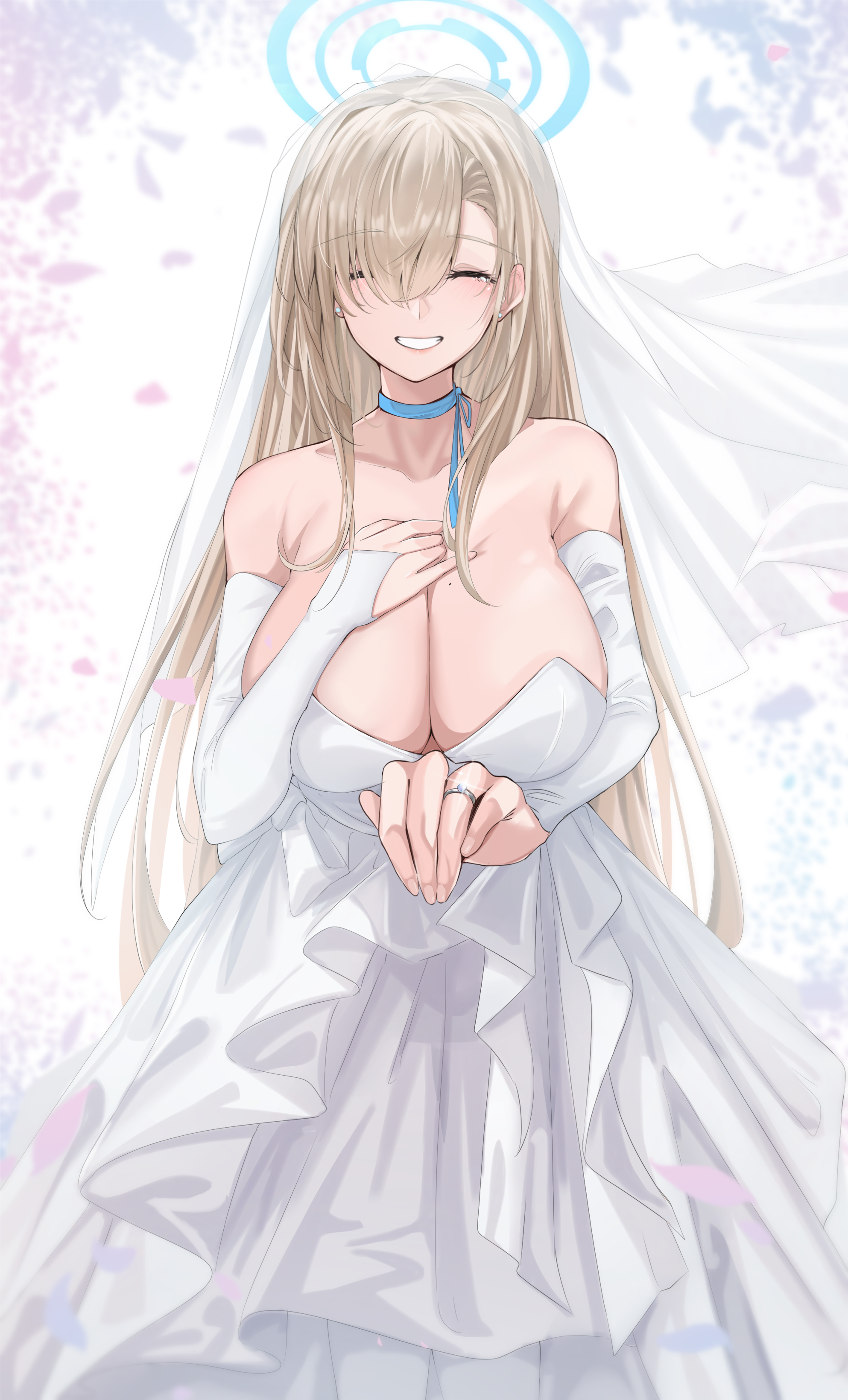 1girls, asuna (blue archive), big breasts, blonde hair, blue archive, breasts, cleavage, eyes closed, female, female focus, female only, hair over one eye, huge breasts, large breasts, long hair, solo, vanko, wedding dress, wedding ring