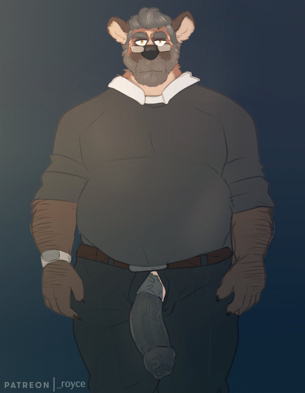 anthro arm_hair beard body_hair brown_body brown_fur clock clothed clothing elderly_male eyewear facial_hair foreskin fur genitals glasses grey_hair hair hi_res hyena looking_at_viewer male mammal mature_male overweight penis penis_through_fly poking_out pubes rine solo solo_focus vein veiny_penis watch