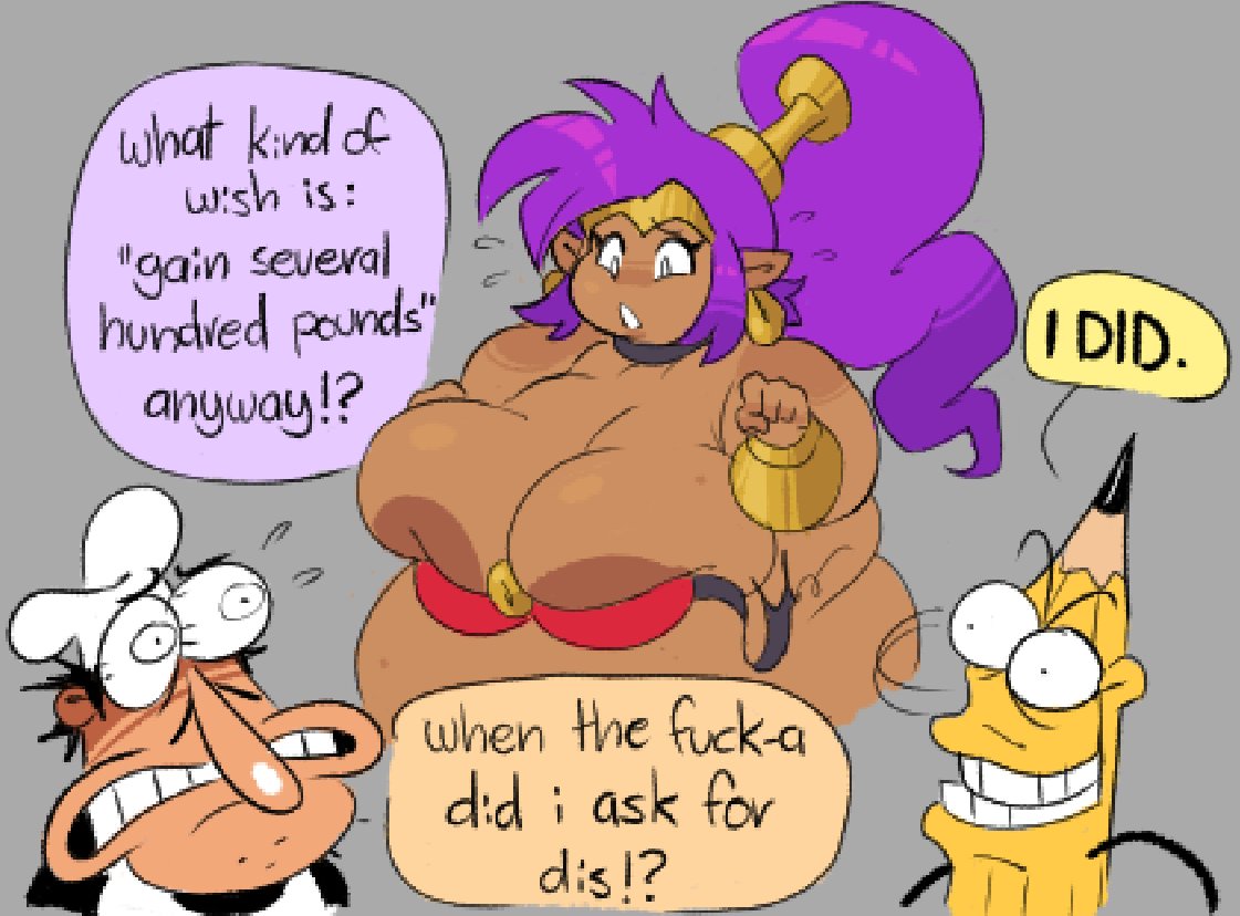 bbw dark-skinned_female fat_woman female_focus flustered_female huge_belly joke_art morbidly_obese_female panicked_look peppino_spaghetti pizza_tower ponytail purple_hair sagging_breasts shantae shantae_(character) sleepyslut snapped_bikini text_bubble wayforward wild_woody wild_woody_(character)