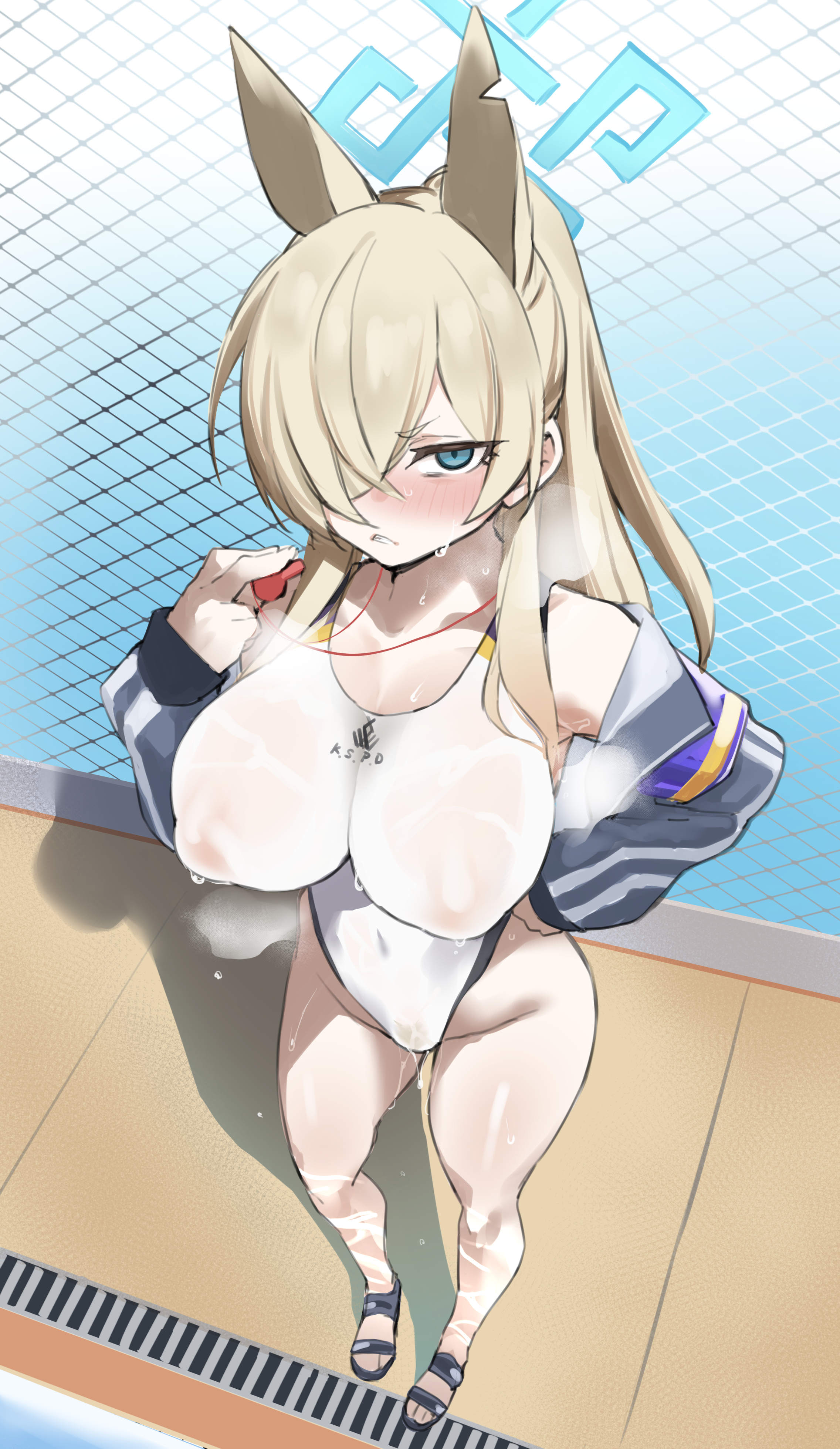 absurdres, animal ears, black jacket, blonde hair, blue archive, blue eyes, blue halo, blush, breasts, clenched teeth, competition swimsuit, covered navel, covered nipples, dog ears, female, from above, fukuinu, hair over one eye, halo, highres, jacket, kanna (blue archive), kanna (swimsuit) (blue archive), large breasts, long hair, long sleeves, looking at viewer, multi ear, official alternate costume, one-piece swimsuit, open clothes, open jacket, ponytail, pool, sandals, solo, swimsuit, teeth, toes, wet, whistle, whistle around neck, white one-piece swimsuit