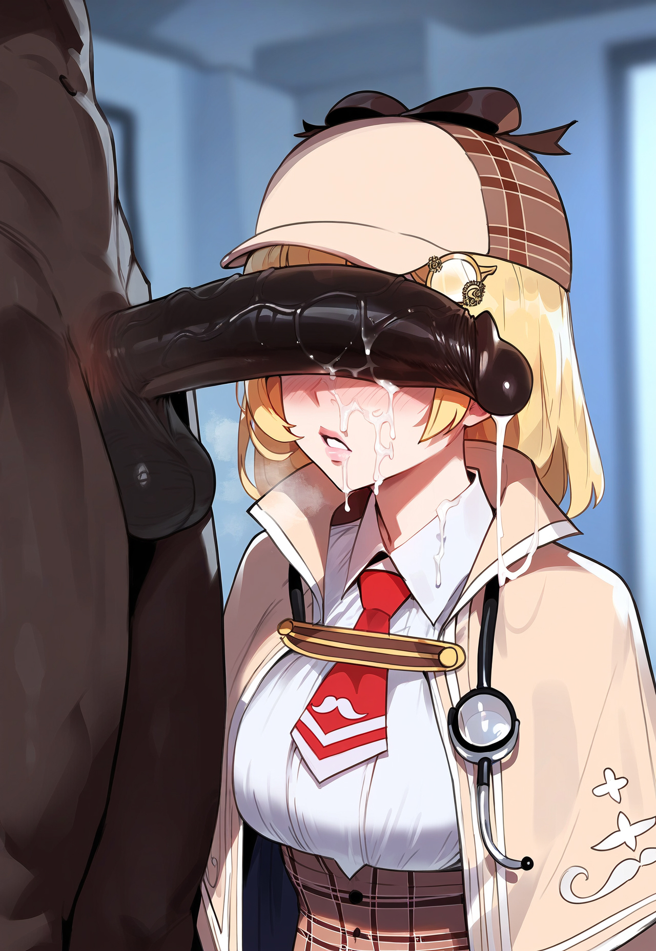 1boy, 1girls, after fellatio, ai generated, balls, big balls, blonde hair, blush, cum, cum on face, dark skin, dark-skinned male, female, floox, high resolution, hololive, hololive english, hololive myth, imminent sex, interracial, light skin, light-skinned female, male, penis, penis awe, penis on face, school uniform, tagme, virtual youtuber, vtuber, watson amelia