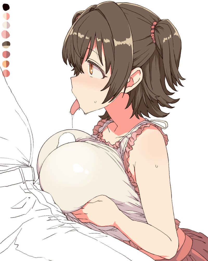 1boy akagi_miria belt breasts brown_hair color_guide commentary erection female hair_intakes hair_ornament hair_scrunchie idolmaster idolmaster_cinderella_girls large_breasts large_pectorals looking_at_another medium_hair open_mouth orange_eyes paizuri pants pectorals penis red_skirt saliva saliva_trail scrunchie shirt short_twintails simple_background skirt solo_focus sweat tongue tongue_out toriga_naku twintails white_background white_shirt