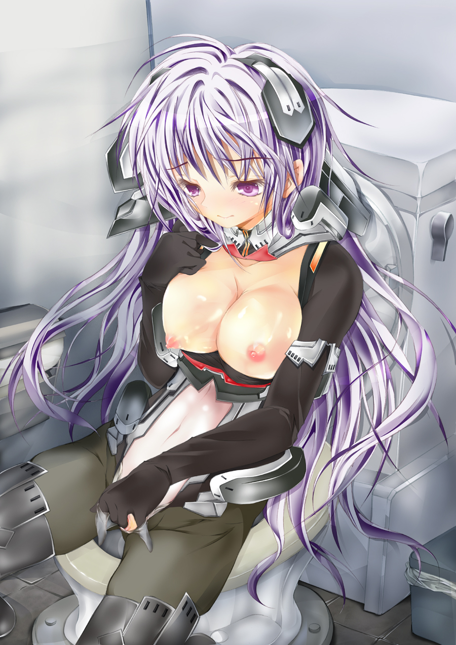 bathroom bodysuit boots breasts breasts_out cleavage erect_nipples exposed_breasts female fingering hasshin_aki_ichi highres horizon_ariadust kyoukaisenjou_no_horizon masturbation nipples pantyhose purple_eyes purple_hair pussy solo thigh_boots thighhighs toilet