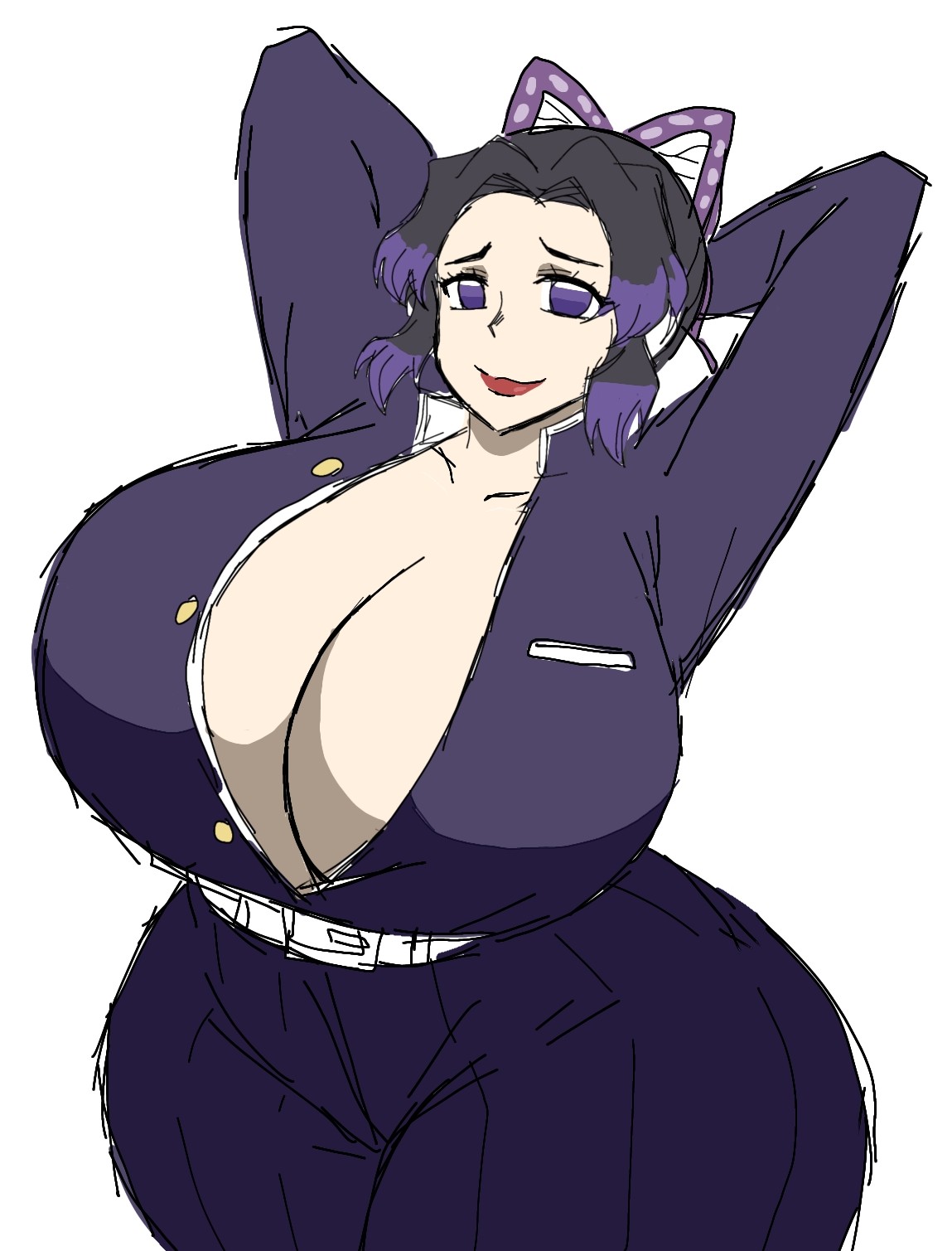 1girls, arms behind head, ass, big ass, big breasts, breasts, cleavage, demon slayer, fat ass, female, female focus, female only, huge ass, huge breasts, kochou shinobu, massive ass, massive breasts, momiji (artist), mostly clothed, round ass, smile, solo, thick ass, thick thighs, wide hips