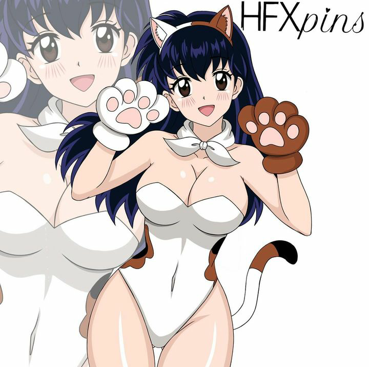 blue_hair blush cat_ears cat_paws cat_tail cleavage cosplay hfxpins inuyasha kagome_higurashi