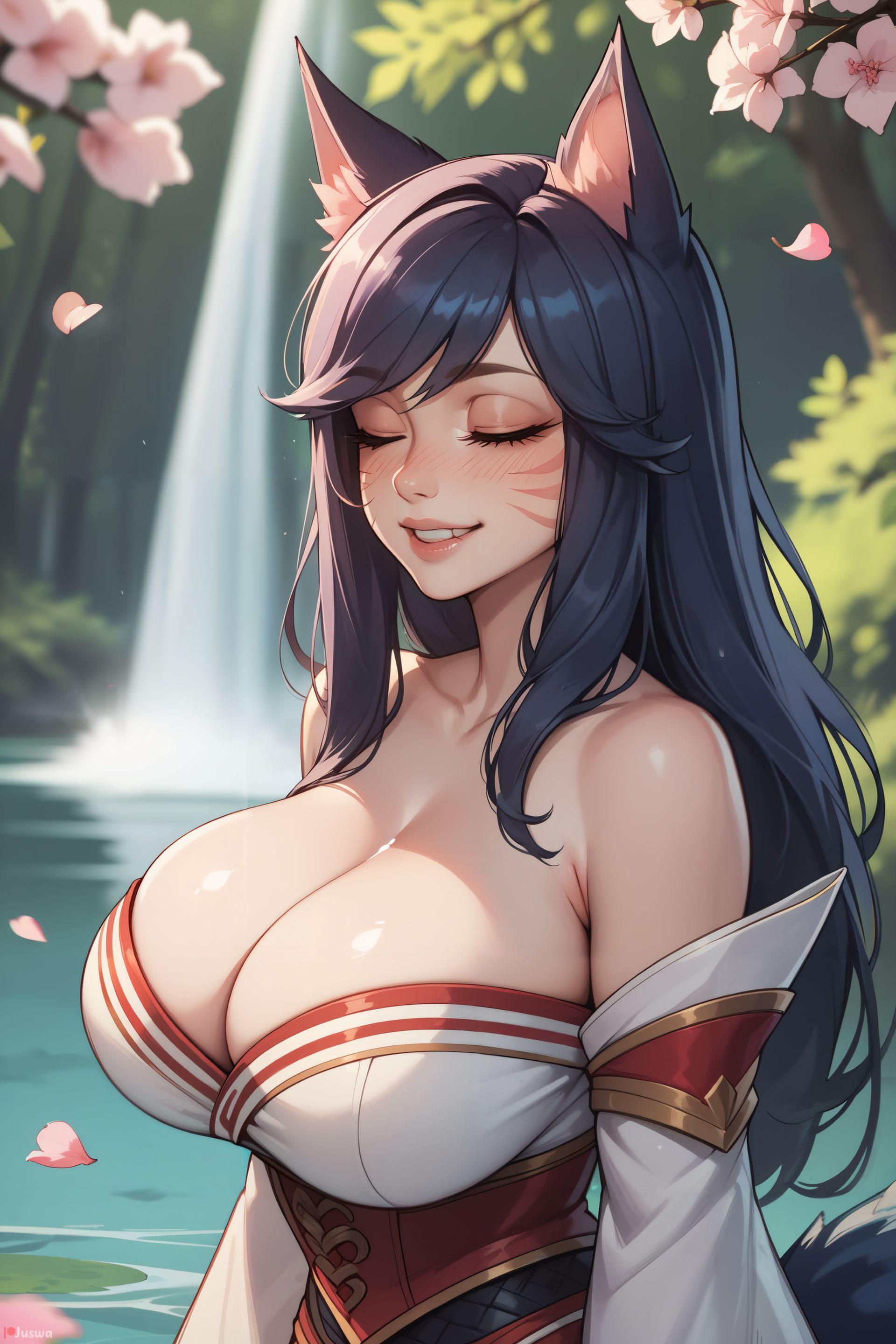 ahri, ai generated, animal ears, bangs, bare shoulders, black hair, blush, breasts, cleavage, closed eyes, collarbone, default ahri, detached sleeves, facial mark, female, female only, fox ears, fox tail, juswa, large breasts, league of legends, lips, long hair, outdoors, petals, smile, solo, tail, upper body, water, whisker markings