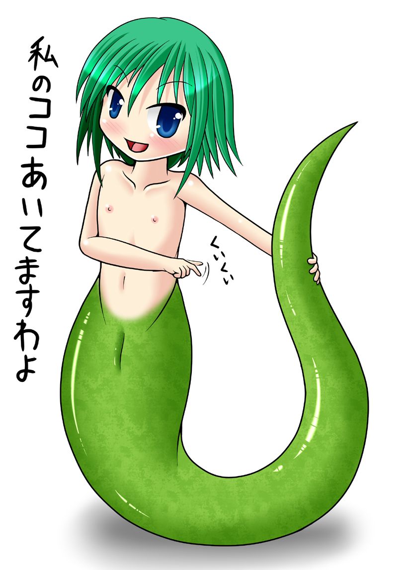 blue_eyes blush breasts flat_chest fukami green_hair lamia monster_girl naga nipples no_nose open_mouth pussy shinkai_(fukami) simple_background smile snake tail translation_request