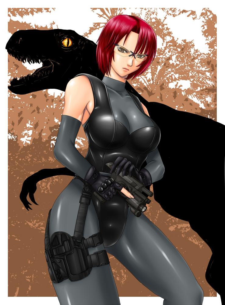 beretta_px4 bodysuit breasts cleavage cocking_gun commentary_request detached_sleeves dino_crisis dinosaur female glasses gloves gun handgun holster judge_martin large_breasts raptor red_hair regina_(dino_crisis) safety_glasses short_hair skin_tight solo thigh_holster tinted_eyewear trigger_discipline weapon yellow-tinted_eyewear