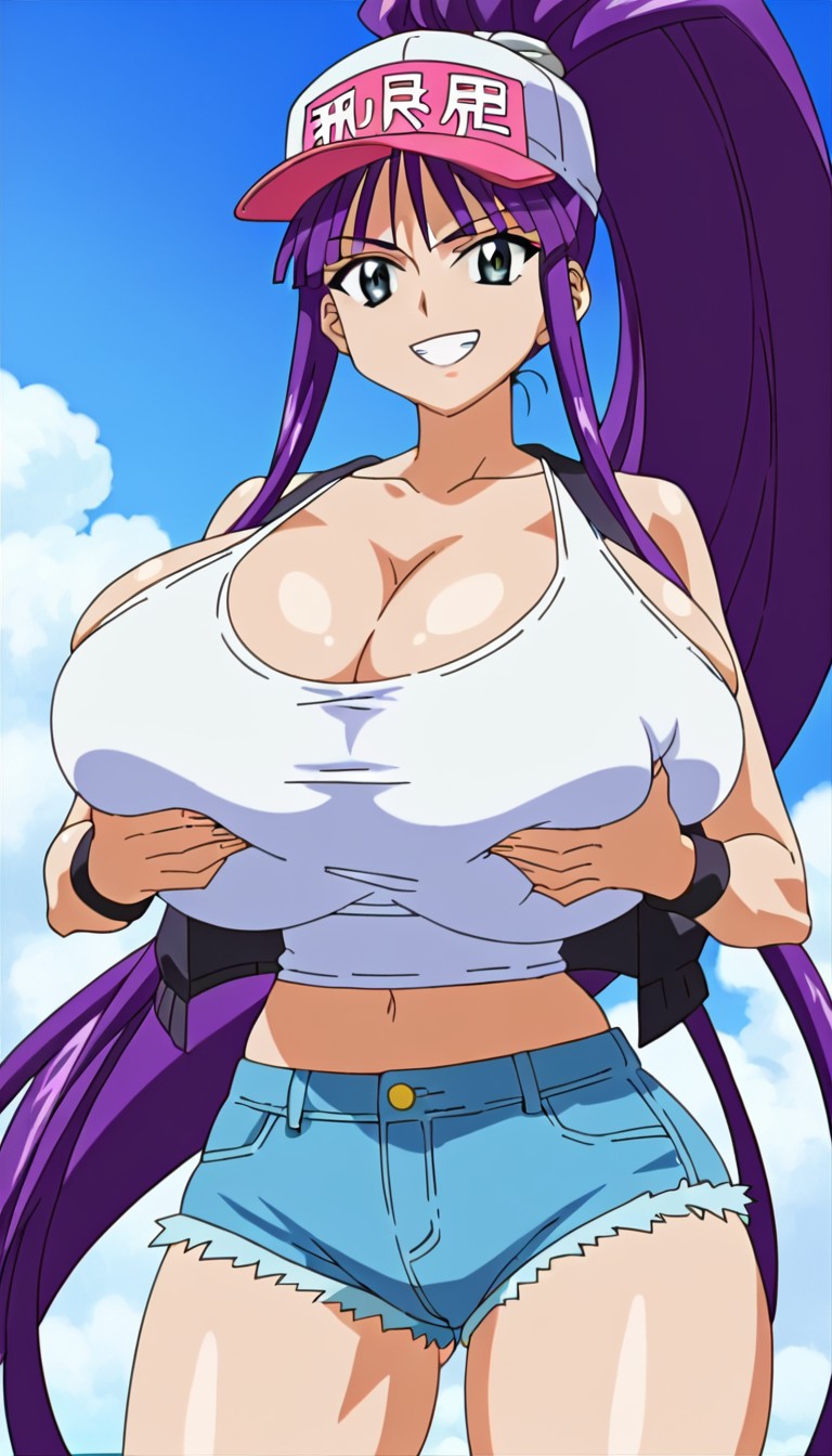 1girls ai_generated anime_screencap_style black_vest black_wristband breasts cap cosplay denim_shorts eiken female female_focus female_only game_freak gigantic_breasts grabbing_own_breast grabbing_own_breasts hat hilda_(pokemon)_(cosplay) kirika_misono long_hair looking_at_viewer midriff nintendo open_vest pokemon pokemon_bw ponytail purple_hair shorts smiling_at_viewer tagme tank_top thick_thighs thighs vest white_tank_top wristband yodayo