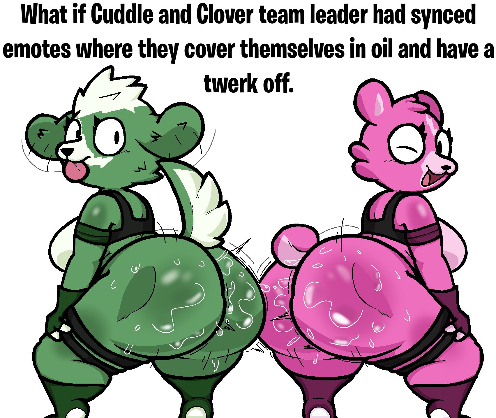 2024, 2girls, anthro, anthro only, ass, ass focus, clover team leader, cuddle team leader, english text, female, fortnite, lewdewott, oiled, text, twerking