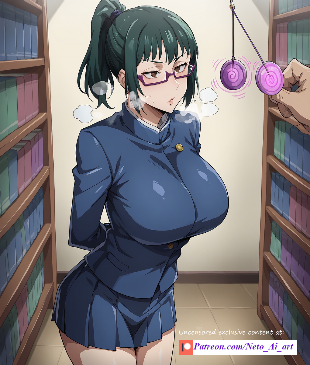 ai generated, altered common sense, common sense change, empty eyes, female, heavy breathing, hypnosis, jujutsu kaisen, mind control, neto ai, pendulum, school uniform, zenin maki