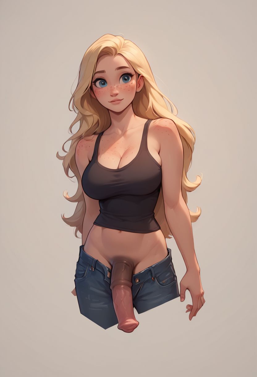 ai generated, blonde hair, blue eyes, breasts, cleavage, cute, disney, flaccid, flaccid penis, freckles, futa only, futanari, horsecock, horsecock futa, human with animal genitalia, human with horsecock, intersex, jeans, large breasts, lowered pants, penis, rapunzel, simple background, tangled, tank top, uncensored, unzipped