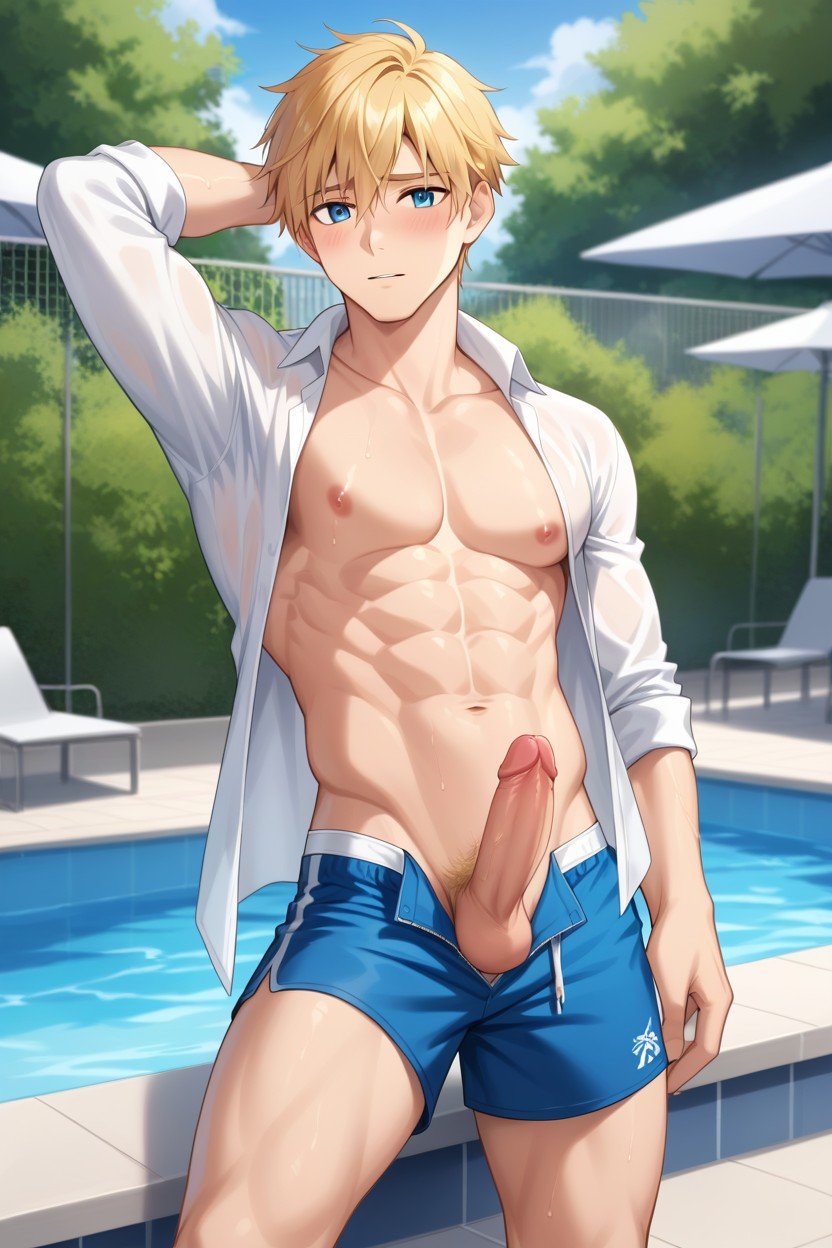 1boy abs adrien_agreste ai_generated athletic blonde blonde_hair blush clothes erection exposed eyes glans hair hand head looking male male_only miraculous:_tales_of_ladybug_and_cat_noir miraculous_ladybug navel nipples only open out outdoors outside penis pool poolside public shirt shorts shy solo teenager through vraiphenix young