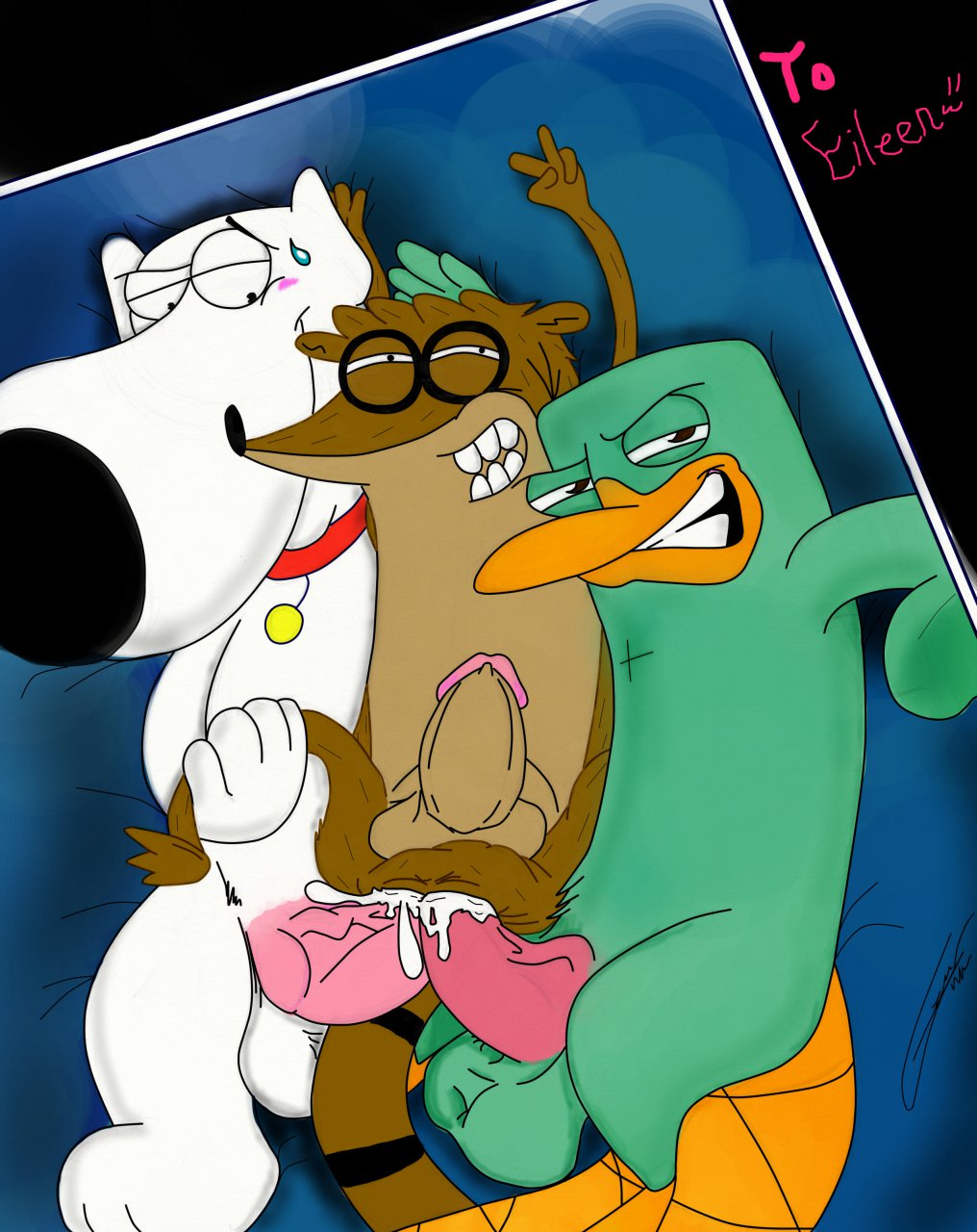 anal anus balls brian_griffin canine crossover cum dog erection family_guy fur gruine looking_at_viewer male male_only mammal monotreme multiple_males perry_the_platypus phineas_and_ferb platypus regular_show rigby yaoi