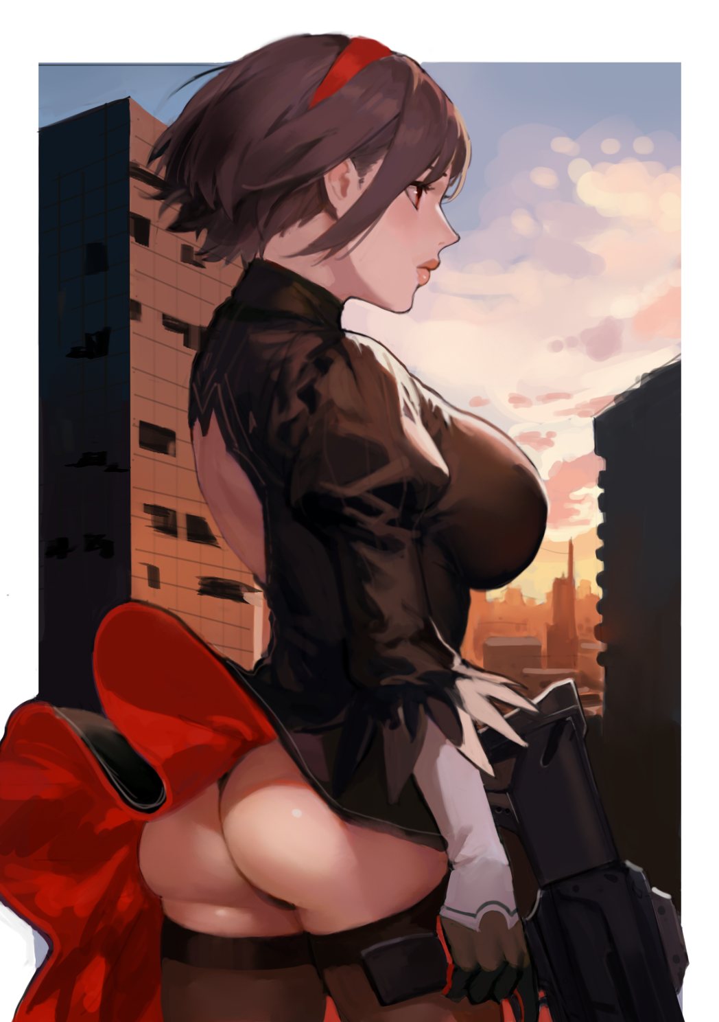 1girls ass brown_hair city_background cityscape cosplay exposed_back female goddess_of_victory:_nikke hairband hintobento holding_gun holding_weapon nier nier:_automata nier_(series) open_back rapi_(nikke) red_trim short_hair side_view sky solo solo_female solo_focus thighhighs upskirt wind wind_lift yorha_2b_(cosplay)