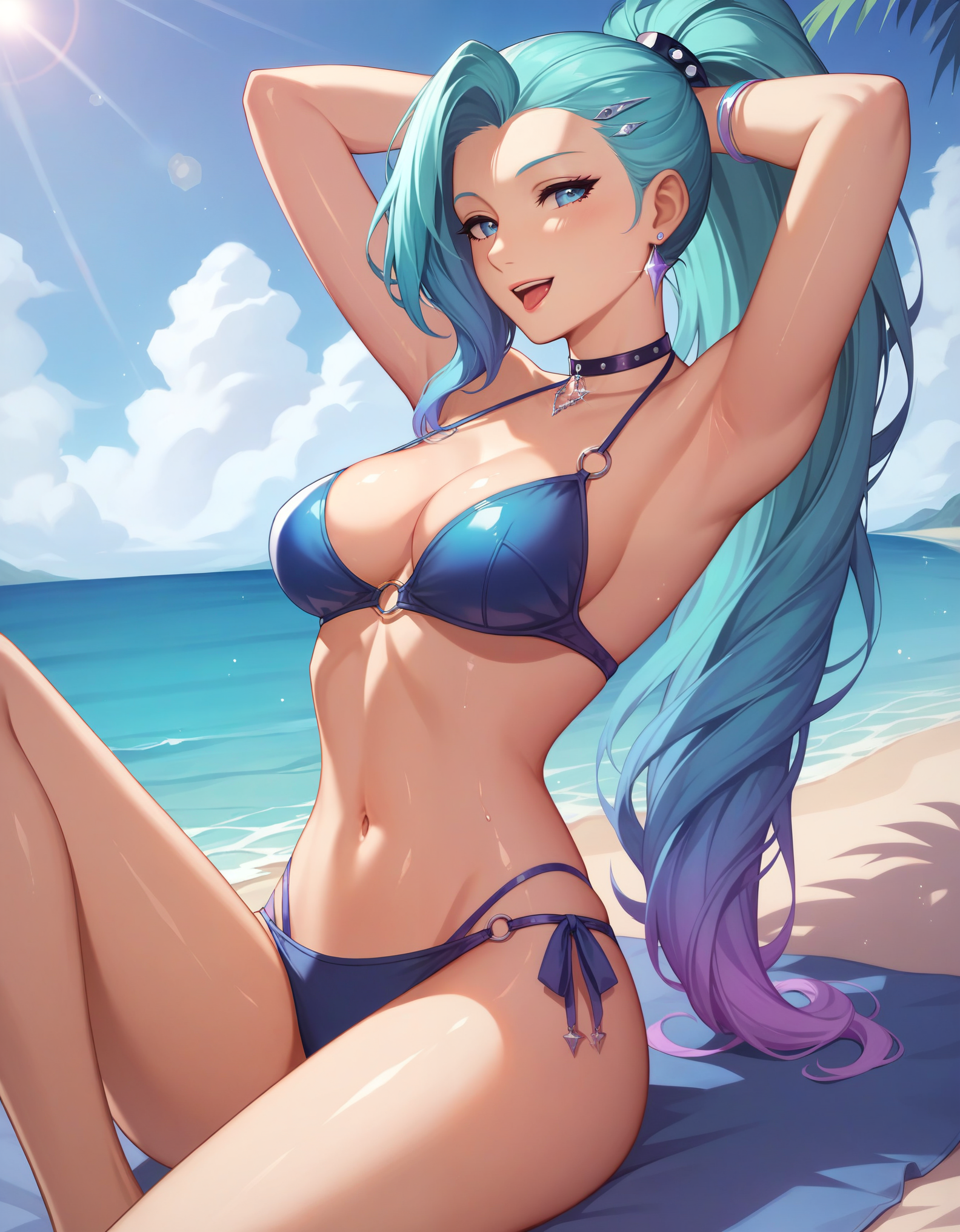 ai generated, beach, bikini, blue eyes, blue hair, blue-haired female, female, gloriousevolution34, k/da all out seraphine, k/da all out series, k/da series, league of legends, league of legends: wild rift, riot games, seraphine (league of legends), video games