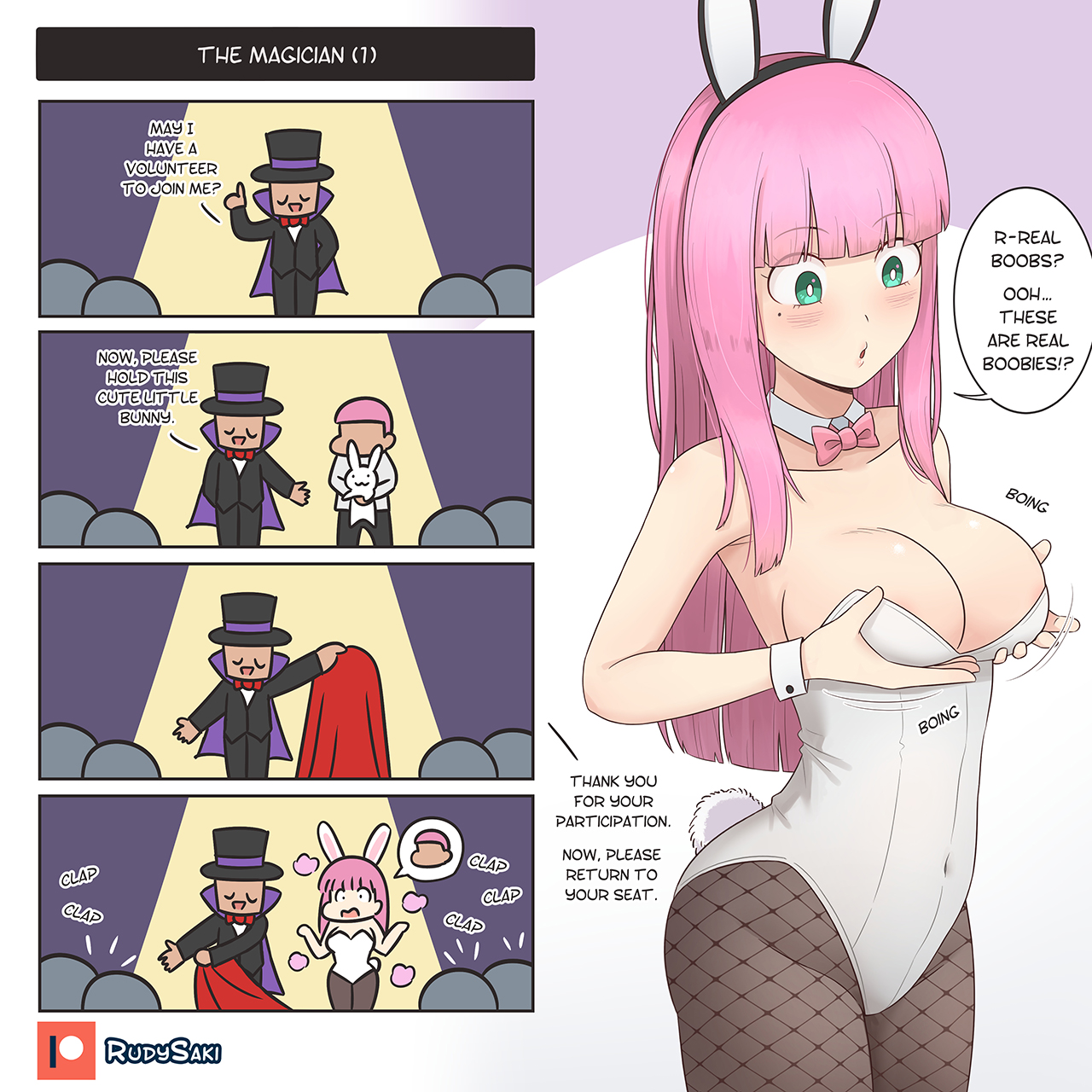 1boy, 1girls, 4 panel comic, breasts, bunny tail, bunnysuit, fake animal ears, fake ears, female, fusion, gender transformation, genderswap, genderswap (mtf), green eyes, holding rabbit, light skin, long hair, magic, magician, male, medium breasts, patreon, patreon logo, patreon username, pink hair, rabbit, rudy saki, rule 63, short hair, tagme, transformation, tsf 4-koma, white bunnysuit