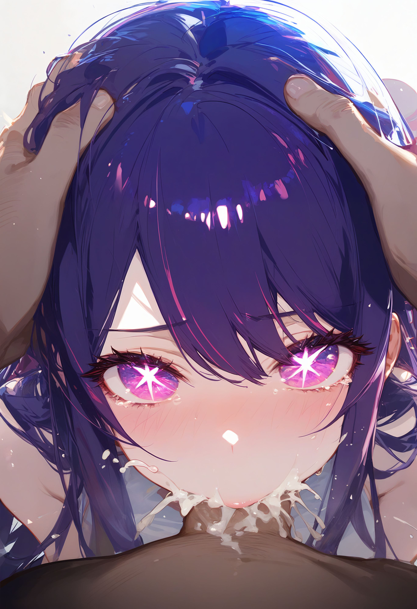 1boy, 1girls, ai generated, bedroom, blowjob, cum, cum down throat, cum in mouth, cum in throat, cum inside, cum out mouth, cute, dark skin, dark-skinned male, deepthroat, eye contact, eyelashes, fellatio, female, fringe, hoshino ai, innocent, interracial, light skin, light-skinned female, long hair, male, oral, oral penetration, oshi no ko, pale skin, pale-skinned female, penis, petite, pov, purple eyes, purple hair, seductive eyes, seductive mouth, skinny, slim, star-shaped pupils, symbol-shaped pupils, teenager, tight throat, white background
