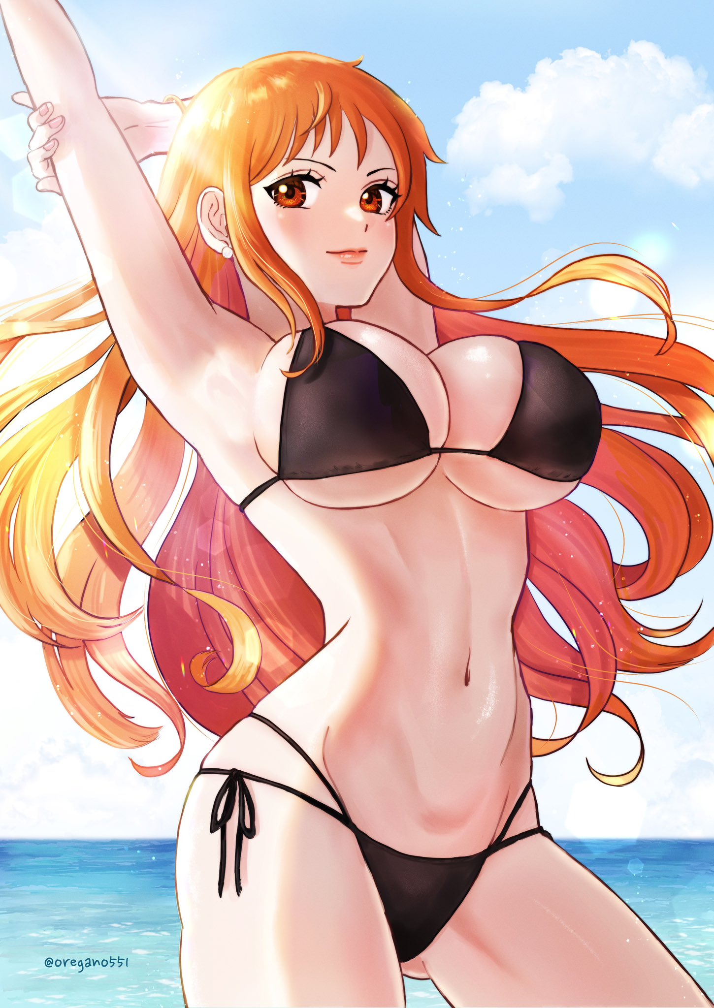 1girls, alternate costume, armpits, arms up, bangle, bikini, bikini bottom, black bikini, blue sky, blush, bracelet, breasts, cleavage, closed mouth, cloud, cloudy sky, commentary request, cowboy shot, earrings, female, female only, floating hair, gluteal fold, hand on own arm, highres, horizon, jewelry, large breasts, lips, long hair, looking at viewer, nami (one piece), navel, ocean, one piece, orange eyes, orange hair, orange-haired female, oregano551, outdoors, pearl earrings, pink lips, side-tie bikini bottom, sidelocks, sky, solo, stomach, string bikini, sunlight, swimsuit, twitter username, underboob, wavy hair