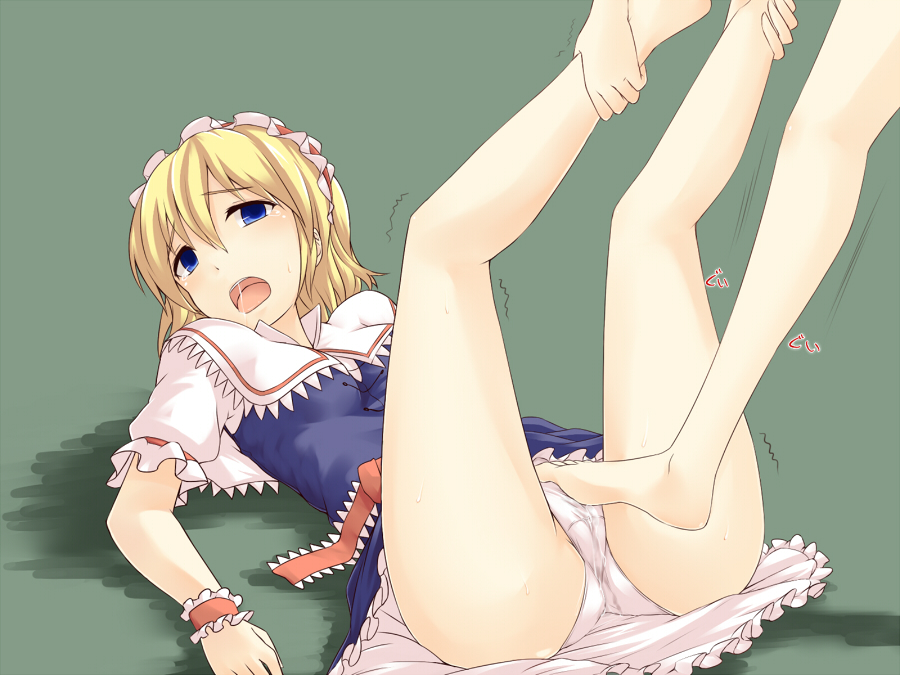 1girls alice_margatroid bare_legs barefoot belt blonde_hair blue_dress blue_eyes capelet crying dress feet footjob hairband leg_hold leg_holding legs_up lying miyo_(ranthath) on_back open_mouth panties pussy_juice saliva sash short_hair toes touhou trampling trembling underwear white_panties wrist_cuffs wrist_ribbon