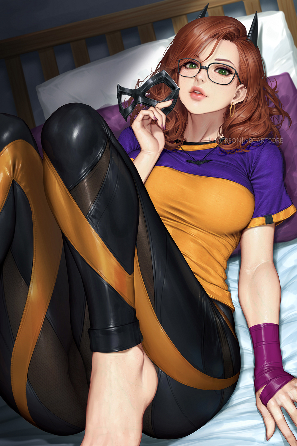 1girls barbara_gordon batgirl batman_(series) bed big_breasts brown_hair clothed clothing color dc dc_comics female female_focus female_only glasses green_eyes hi_res large_breasts light-skinned_female light_skin long_hair looking_at_viewer mask neoartcore on_bed solo solo_female tagme thick_thighs