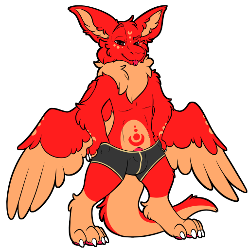 4_toes brown_eyes bulge clothing feathered_wings feathers feet furry male mane minedash_(character) red_body smile solo standing symrea telegram_sticker toes underwear wings